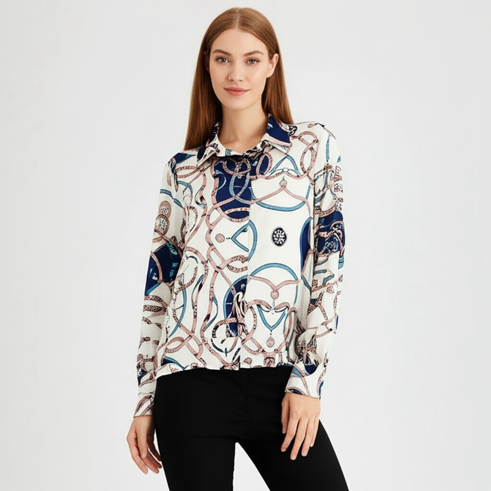 Natural Silk White & Blue Chain Print Button Down Shirt 4XL NWT